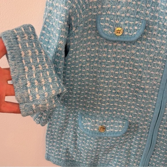 NWT Talbots Blue Knit Zip Front Jacket Cardigan Gold Buttons Size Large - Picture 6 of 7